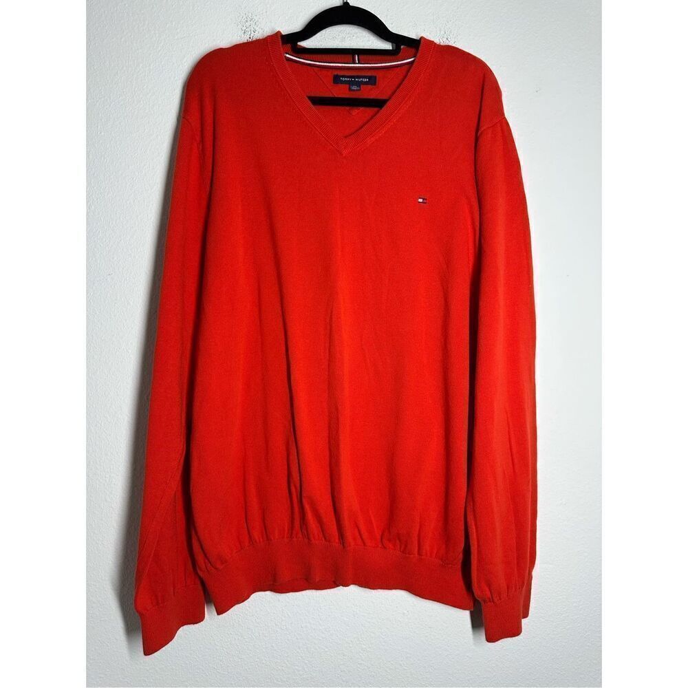 Tommy Hilfiger Sweater Mens XXL Orange Cotton V Neck Knit Long Sleeve Pullover
